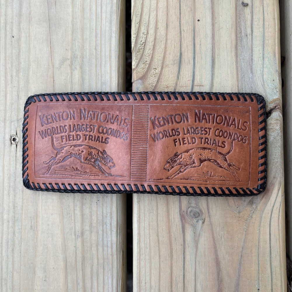 Vintage Leather Wallet Hand Tooled Whipstitch Bifold Hunting Coon Dogs Kenton
